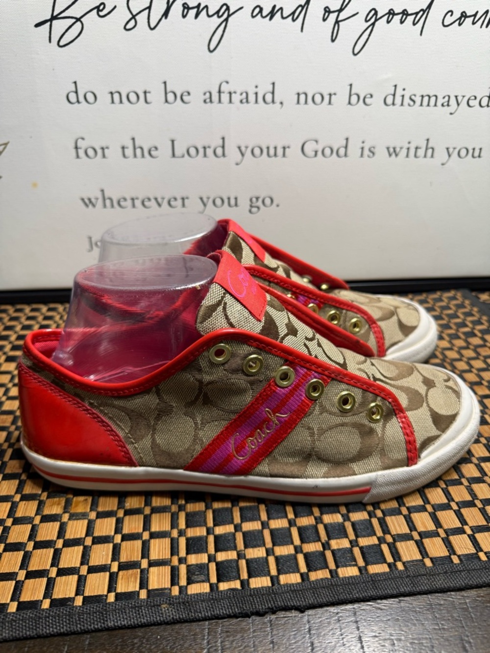 Coach Signature Monogram Sneakers in Khaki and Red Trim Women SZ 8- Box16 - Picture 2 of 6